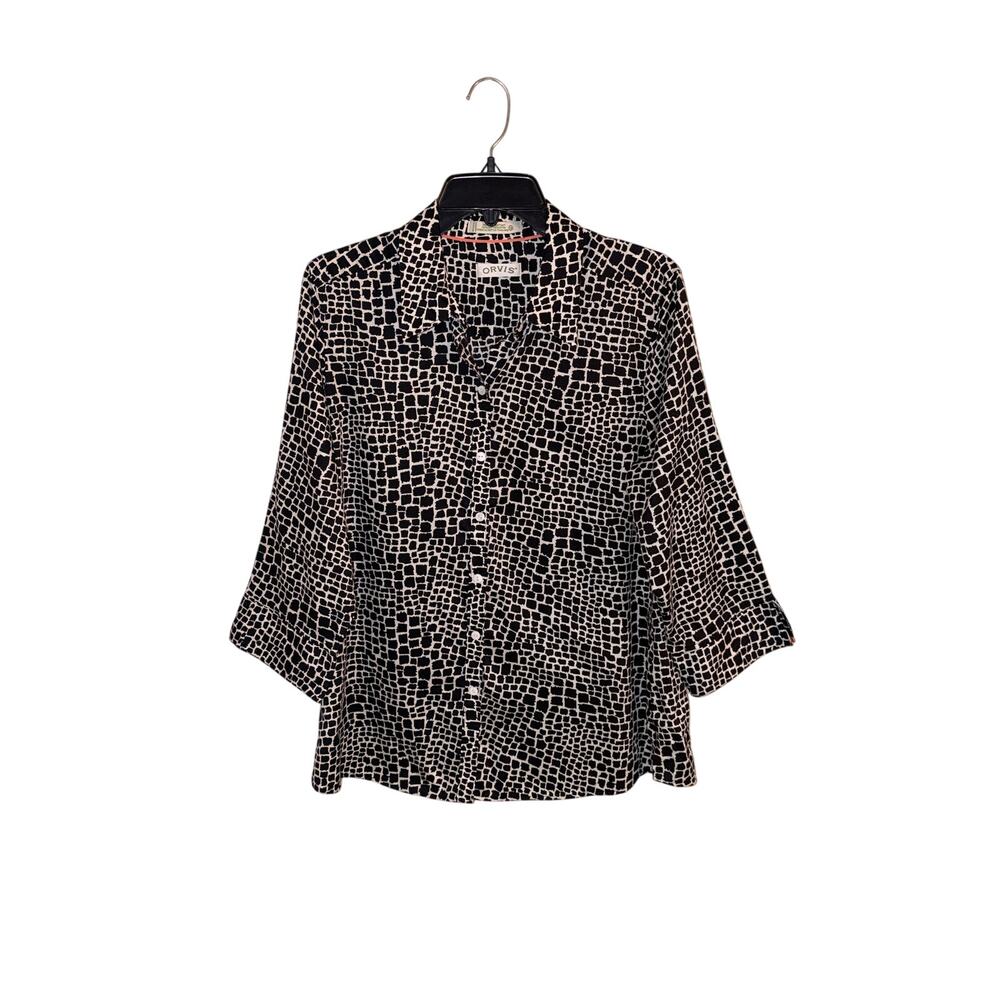 Orvis Women’s 14 Black White Print Wrinkle Resistant Cotton Button Up Shirt